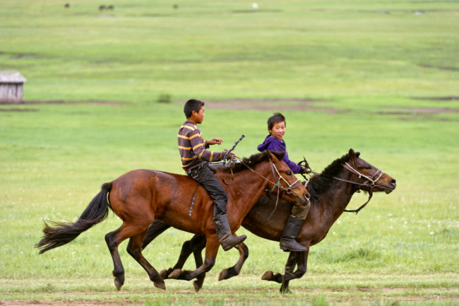 Bambini su cavalli al galoppo
