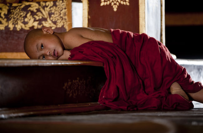 Giovane monaco buddista in un tempio in Myanmar