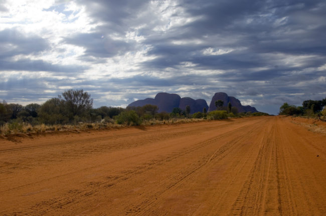 Strada sterrata nel bush australiano con olgas mountains sullo sfondo