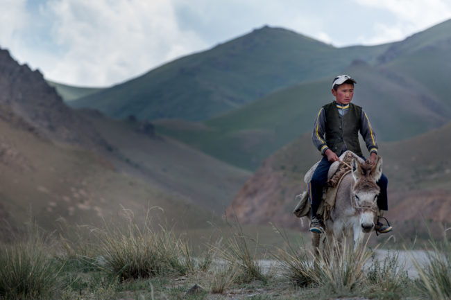 Kighizistan: un ragazzino su un asinello verso il passo Torugart
